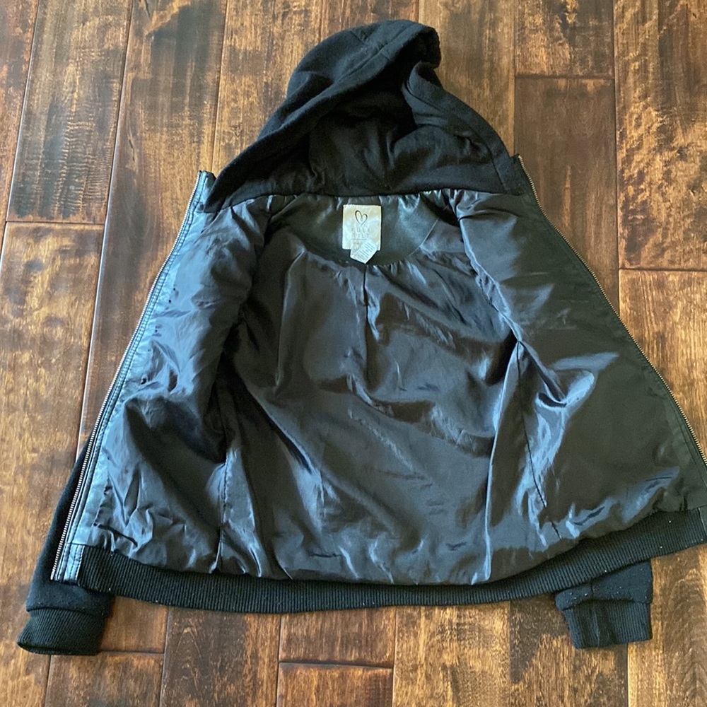 Kid’s Faux Leather/Cotton Jacket with Hood, Size Medium - Picture 5 of 8
